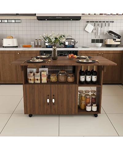 Streamdale Furniture Multi-Functional Folding Table with Storage Shelves and Wheels