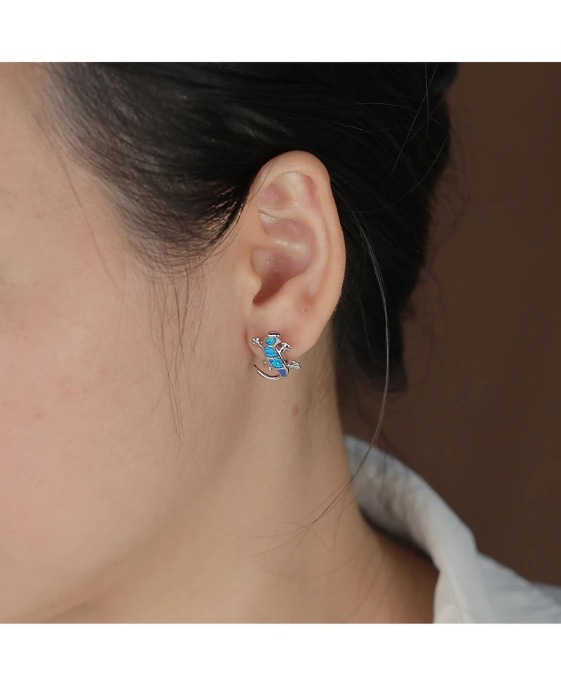 Bling Jewelry Iridescent Created Opal Inlay Garden Gecko Lounge Lizard Stud Earrings Sterling Silver