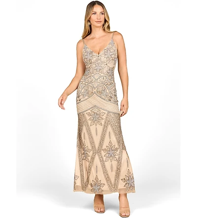 Lara Women's Contrast Beaded V-Neck Fitted Gown