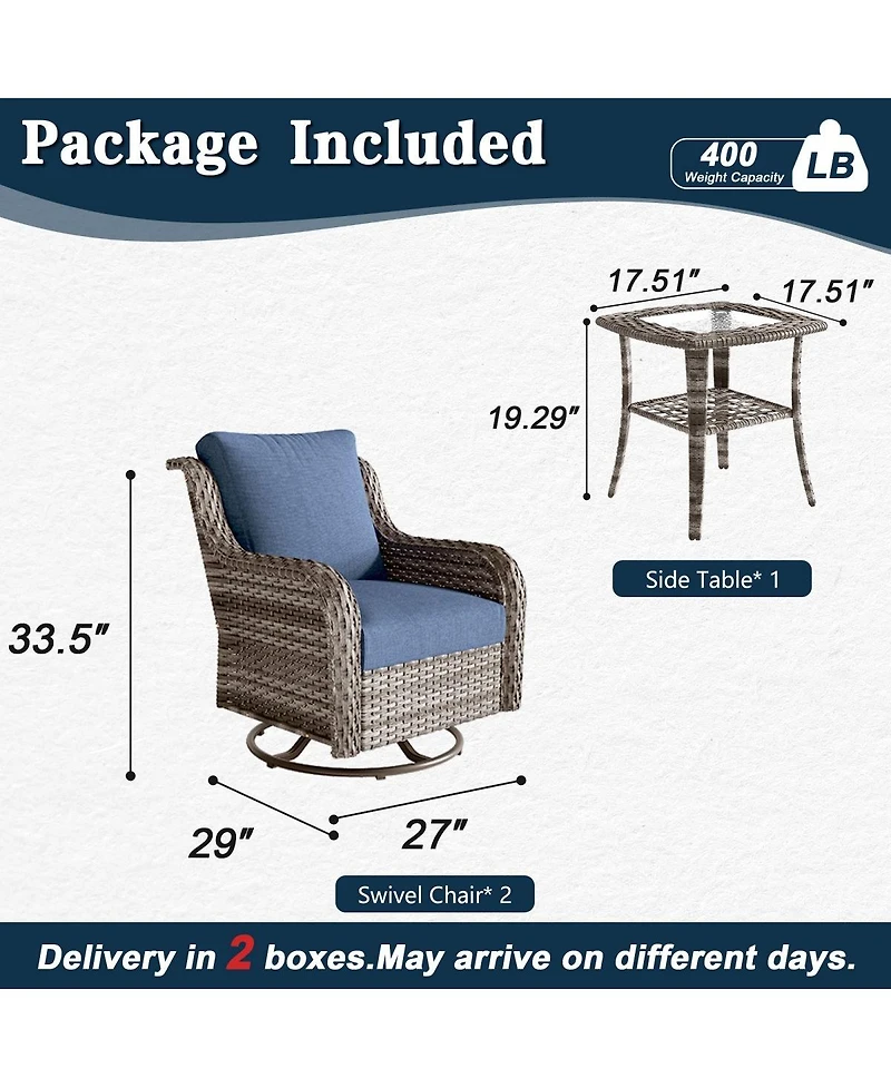 Asagikoiai 3-Piece Outdoor Swivel Chairs Set, Pe Rattan Rocking Bistro Set with Table for Garden