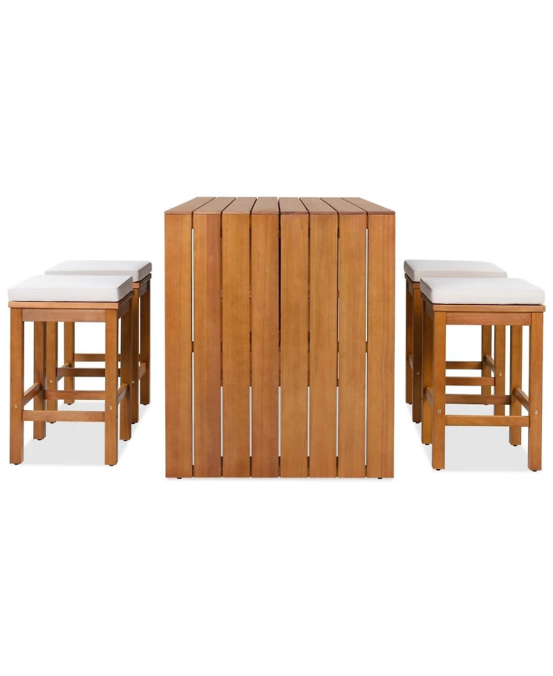 Asagikoiai 5-Piece Acacia Wood Outdoor Bar Set, Patio Bar Table and 4 Stools with Cushions