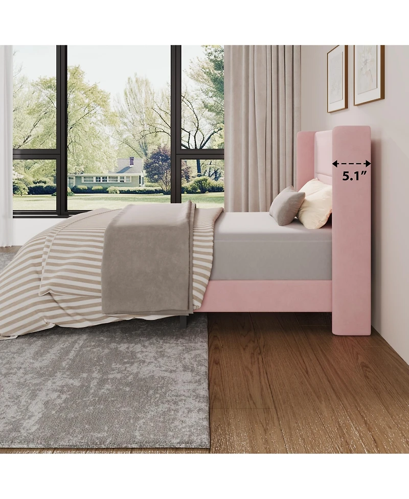 homfan 2 Set of Twin Size Toddler Upholstered Bed Frame with Guardrails, Vertical Channel Tufted Headboard and Footboard, No Box Spring Needed