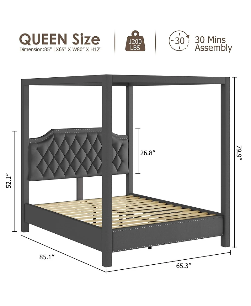homfan Canopy Bed Frame with Nailhead Decoration Headboard,Upholstered Bed Frame with Poles 4 Corner Bed Bracket, Wood Slats Support