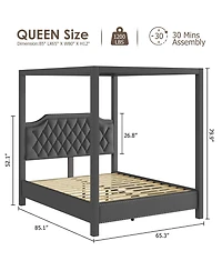homfan Canopy Bed Frame with Nailhead Decoration Headboard,Upholstered Bed Frame with Poles 4 Corner Bed Bracket, Wood Slats Support