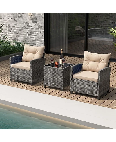 Gymax 3 Pcs Patio Furniture Set Outdoor Pe Rattan Chair and Table Set w/ Tempered Glass