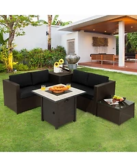 Gymax 5 Pieces Patio Furniture Set with 30 Inches Gas Fire Pit Table Cushions Storage Box