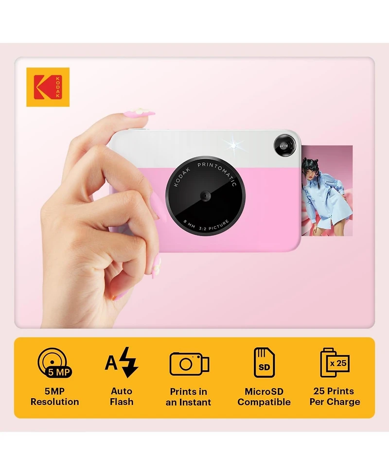 Kodak Printomatic Instant Print Camera Bundle with Pink Soft Case and 20-Pack Zink Photo Paper