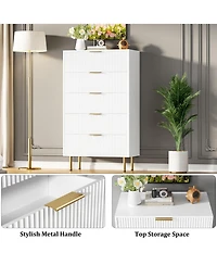 homfan Fluted Wood Dresser - 5 Drawer or 6 Drawer Tall Chest with Metal Handles