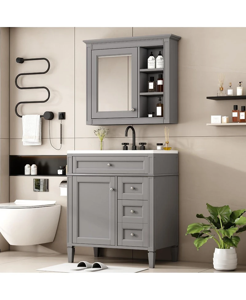 Sillysis 30 Inch Modern Bathroom Vanity with Mirror Cabinet, Solid Wood and Mdf, Ceramic Sink