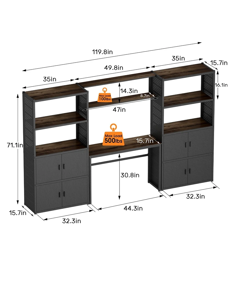 Heavy-Duty Garage Storage and Workstation System w/ Cabinets and Side Pegboards