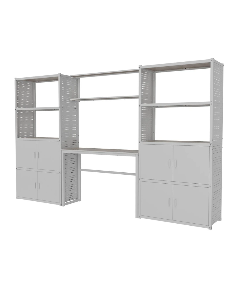 Heavy-Duty Garage Storage and Workstation System w/ Cabinets and Side Pegboards, White (120 in. W x 71 in. H x 16 in. D