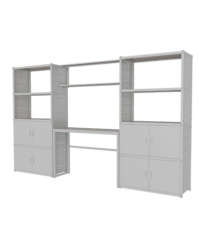 Heavy-Duty Garage Storage and Workstation System w/ Cabinets and Side Pegboards, White (120 in. W x 71 in. H x 16 in. D
