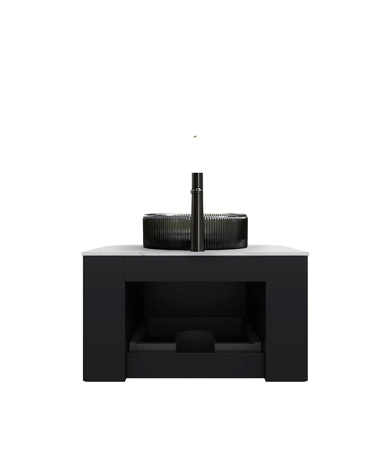 Sillysis Wall Mounted Bathroom Vanity with Glass Vessel Sink, 3D Stripe Plywood Cabinet, Soft Close Drawer