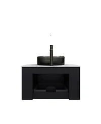 Sillysis Wall Mounted Bathroom Vanity with Glass Vessel Sink, 3D Stripe Plywood Cabinet, Soft Close Drawer