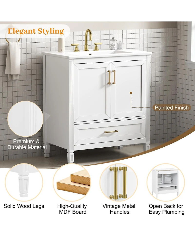 Sillysis Bathroom Vanity with Ceramic Sink, Soft Close Drawer, Solid Wood Legs, Freestanding Modern Cabinet