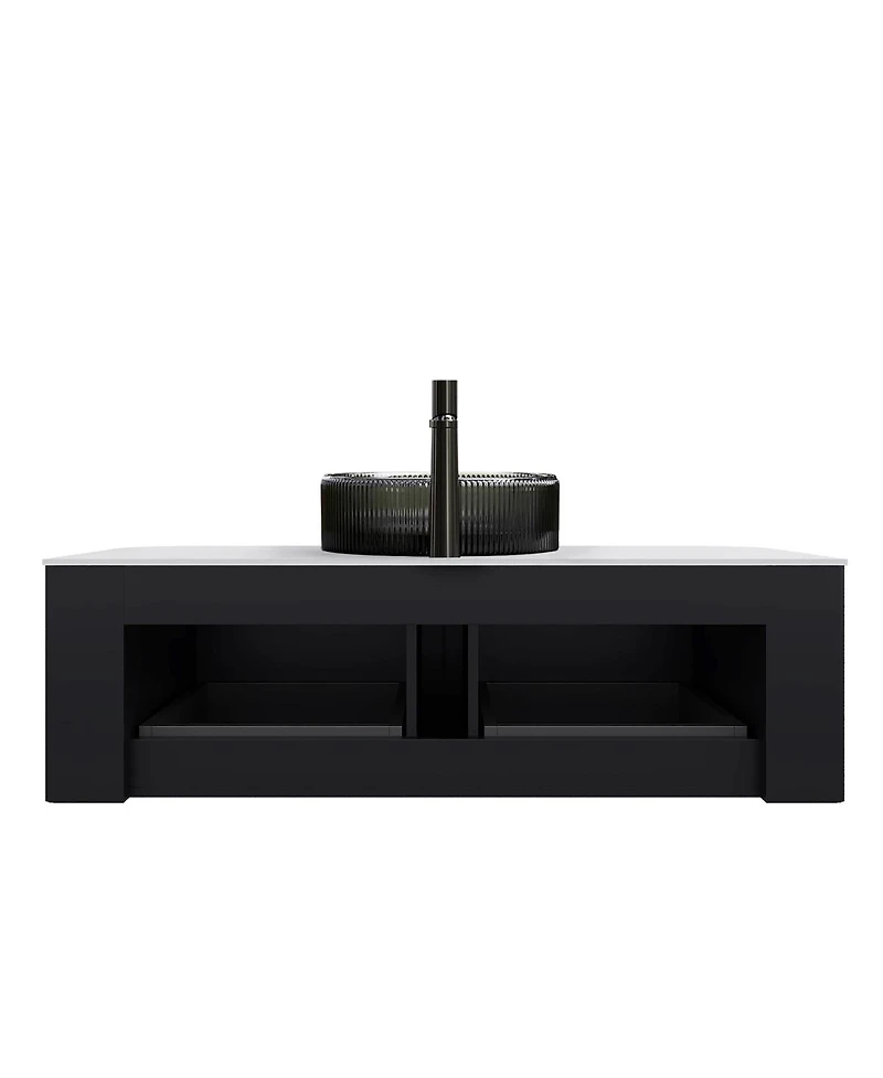 Sillysis Wall Mounted Bathroom Vanity with Glass Vessel Sink, 3D Stripe Plywood Cabinet, Soft Close Drawer, Pre-assembled