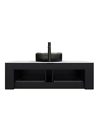 Sillysis Wall Mounted Bathroom Vanity with Glass Vessel Sink, 3D Stripe Plywood Cabinet, Soft Close Drawer, Pre-assembled