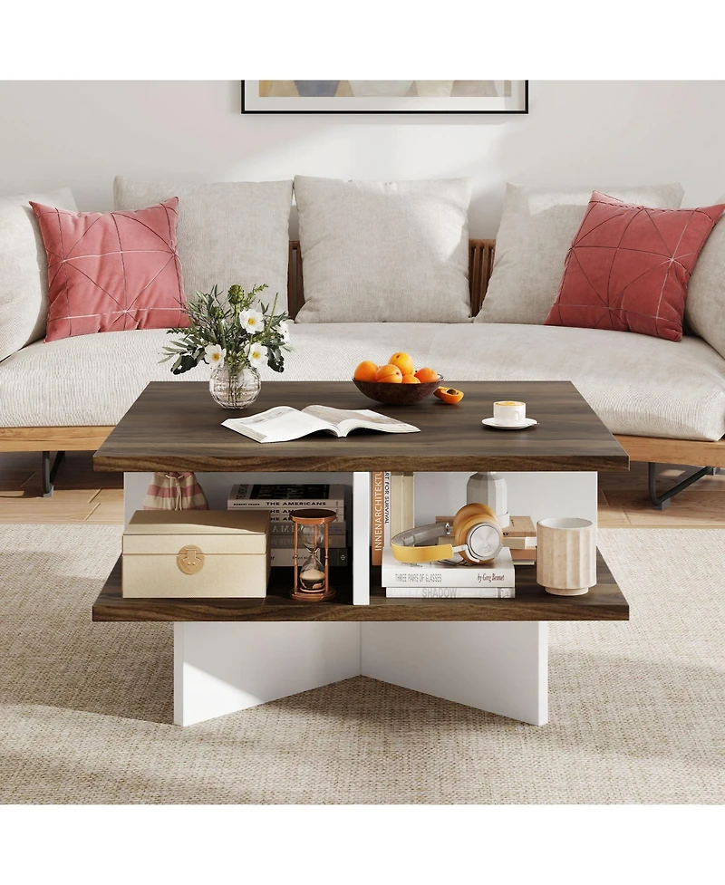 Gymax 2-Tier Square Coffee Table with Storage Farmhouse Modern Accent Table Center Table