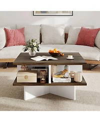 Gymax 2-Tier Square Coffee Table with Storage Farmhouse Modern Accent Table Center Table