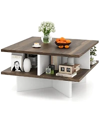 Gymax 2-Tier Square Coffee Table with Storage Farmhouse Modern Accent Table Center Table