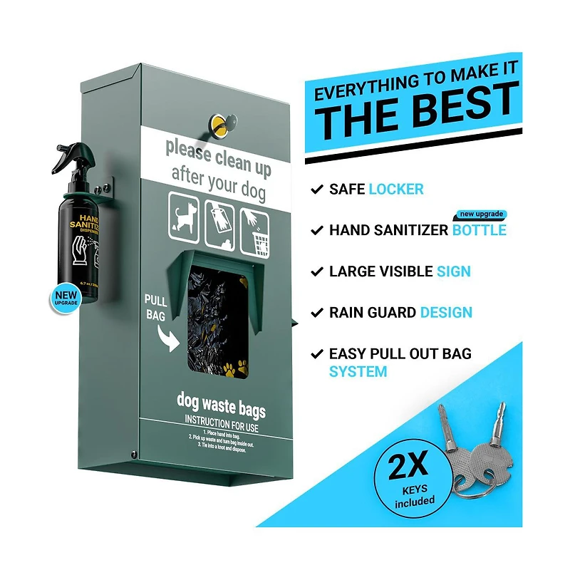 Emma+Oliver Kirk Locking Dog Waste Bag Dispenser With Glow In The Dark Sign, Hand Sanitizer Bottle And Rain Guard