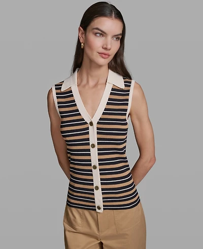 Karl Lagerfeld Paris Women's Striped Collared Tank Top