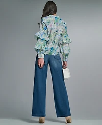 Karl Lagerfeld Paris Women's Long-Sleeve Collared Printed Shirt