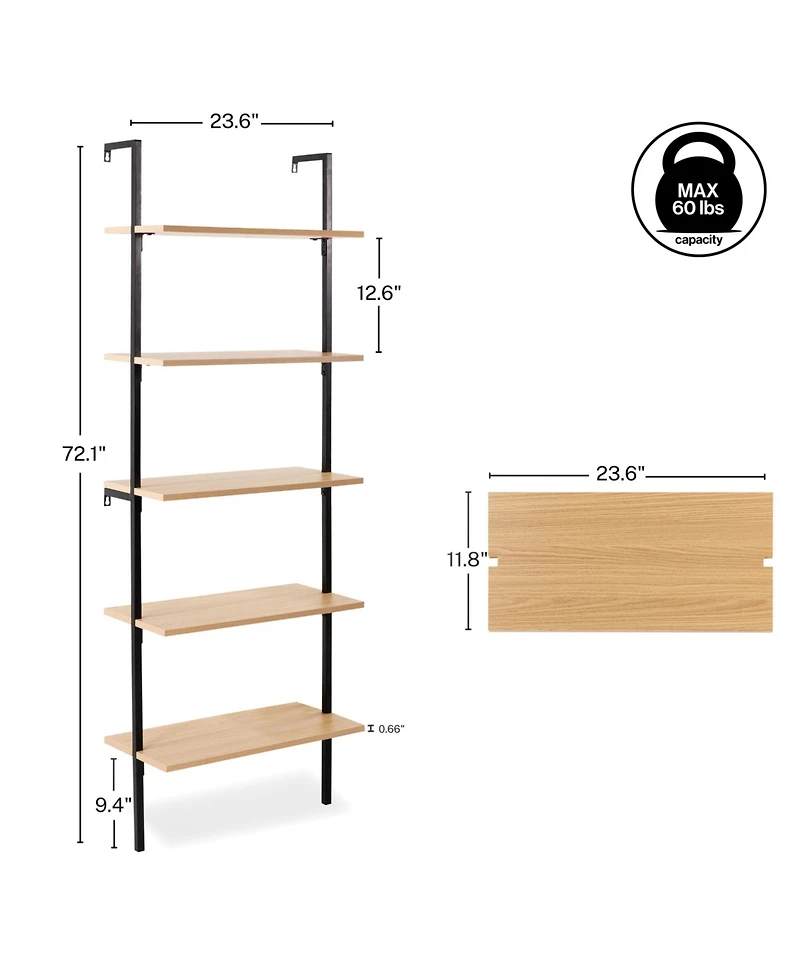 Madera Industrial 5-Shelf Wood Wall-Mounted Open Ladder Bookcase, Metal Frame