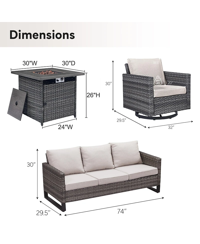 Pocassy Patio Furniture with Fire Pit 4-Piece Wicker Outdoor Sectional Couch Swivel Rocking Chairs, Propane Conversation Set