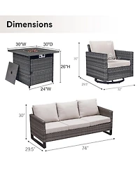 Pocassy Patio Furniture with Fire Pit 4-Piece Wicker Outdoor Sectional Couch Swivel Rocking Chairs, Propane Conversation Set