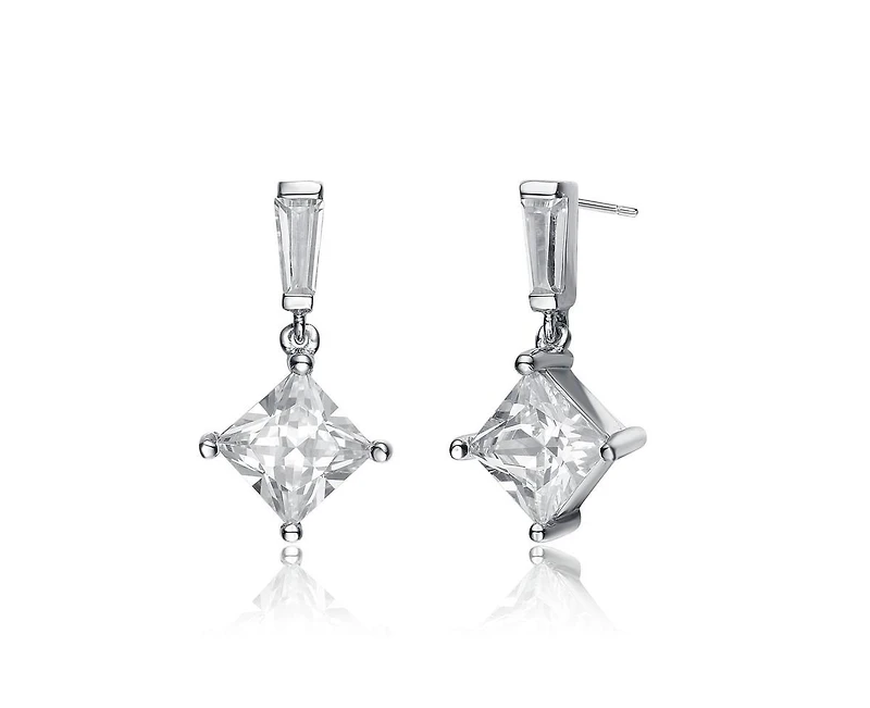 Genevive Dainty Gold Plated Princess and Baguette Cz Drop Earrings