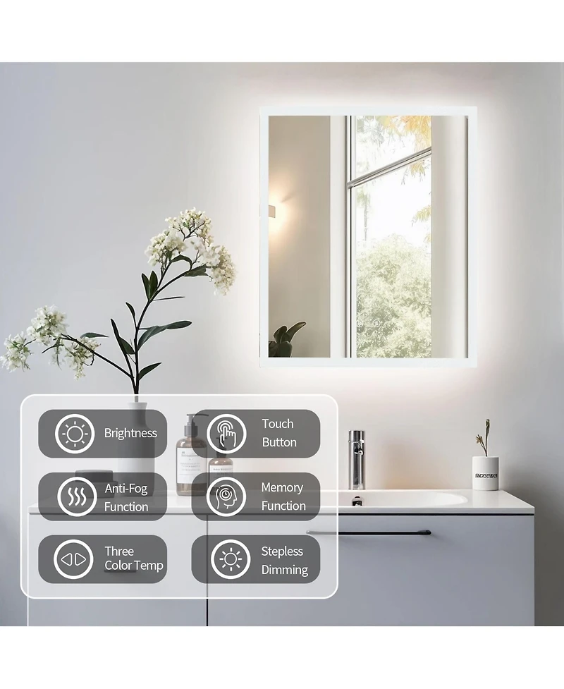 Luvodi 16" x 20" Rectangular Wall Mirror Anti-Fog Led Mirror Stepless Dimmable Lighted Bathroom Mirror
