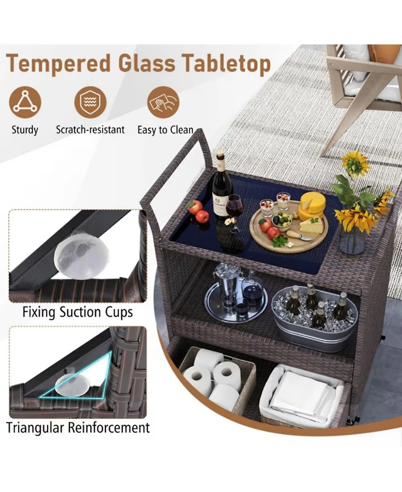 Yiortwo Outdoor Wicker Bar Cart with Tempered Glass Top Rolling Patio Serving Cart with Storage Drawer