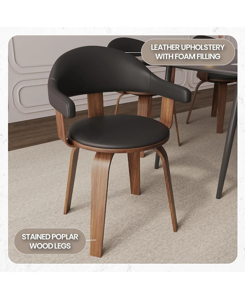 LeisureMod Brivo Upholstered Dining Chair Set of 2 with Swivel, Leather and Poplar Wood Frame, Open-Back Design Armrests for Kitchen