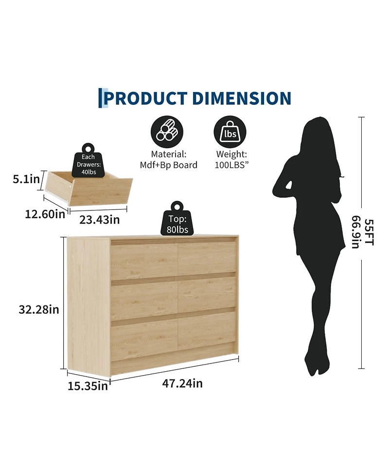 gaomon 6 Drawer Dresser, 47-Inch-Wide Chest of Drawers with Handle-Less Design,Storage Cabinet for Bedroom and Living Room