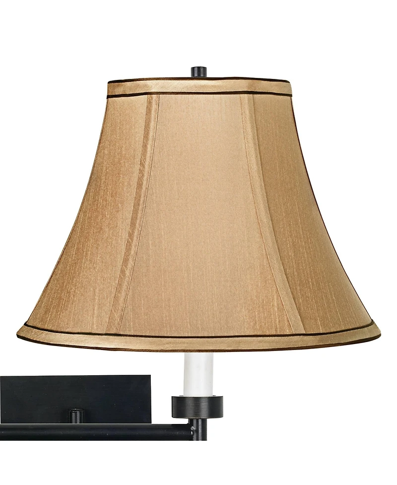 Franklin Iron Works Modern Swing Arm Wall Lamp Black Plug-In Light Fixture Tan Fabric Bell Shade for Bedroom Bedside Living Room