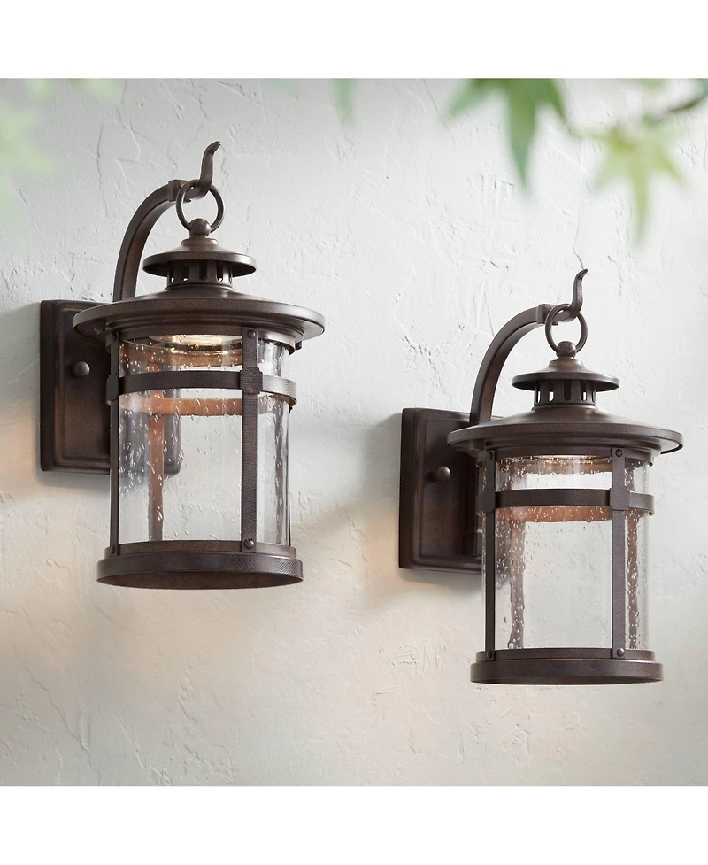Franklin Iron Works Callaway Rustic Industrial Outdoor Wall Light Fixtures Set of 2 Clear Seedy Glass for Post Exterior
