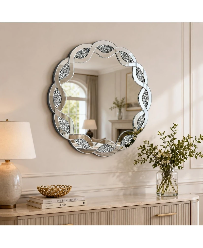 Phying Modern Wave Frame Round Wall Mirror 31.5 Inch Crush Diamond Decorative Mirror Heavy Duty Frame with Hangers for Living Room Bathroom Bedroom