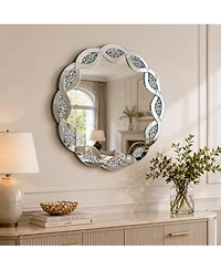 Phying Modern Wave Frame Round Wall Mirror 31.5 Inch Crush Diamond Decorative Mirror Heavy Duty Frame with Hangers for Living Room Bathroom Bedroom