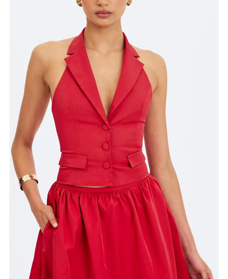 Miss Circle Women's Ursella Crimson Halter Single-Breasted Lapel Top