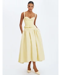 Miss Circle Women's Tiana Butter Yellow Sweetheart Belted Midi Dress