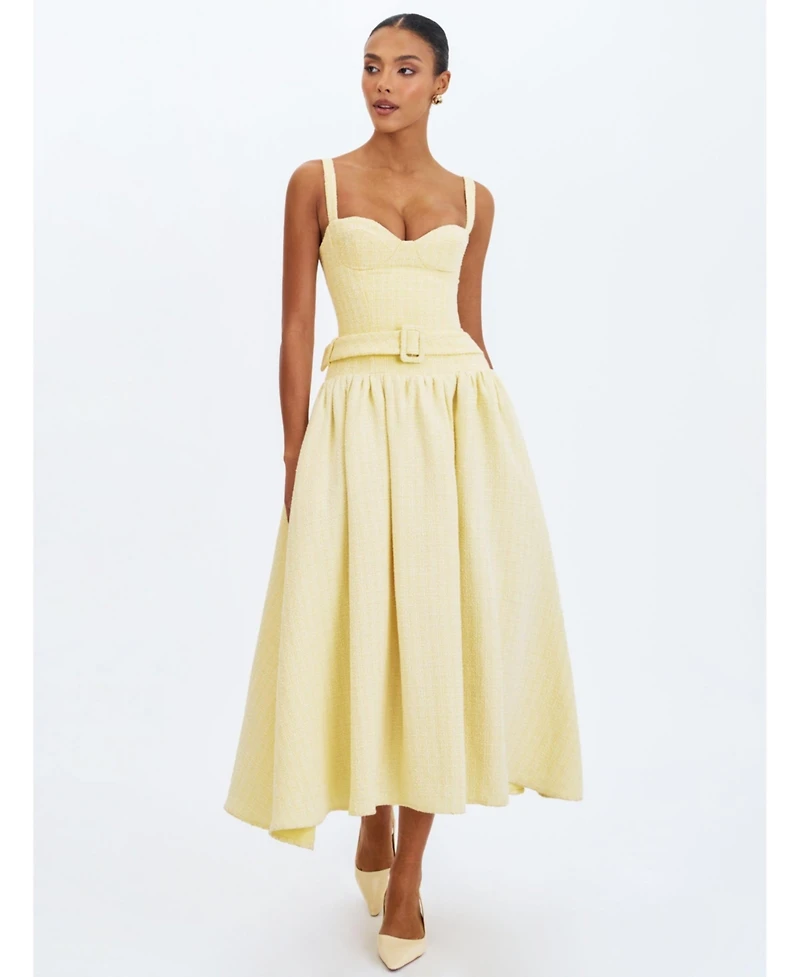 Miss Circle Women's Tiana Butter Yellow Sweetheart Belted Midi Dress