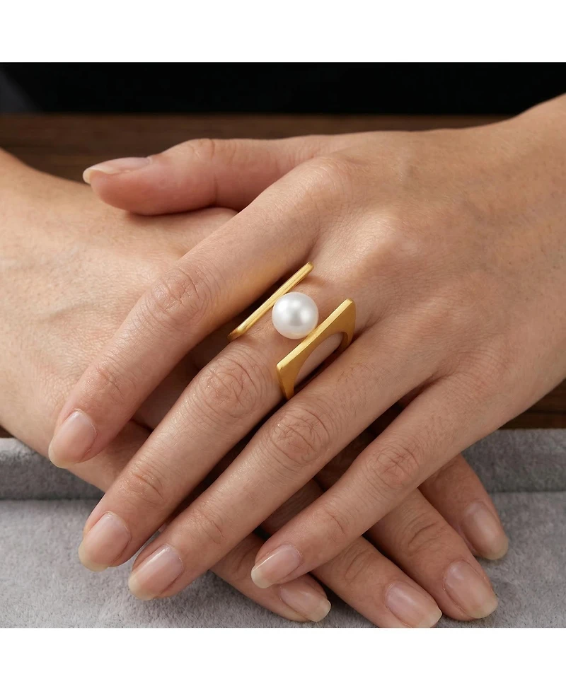 14k Gold Plated with White Genuine Freshwater Pearl Double Band Geometric Square Stacked Ring.