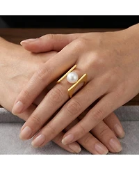 14k Gold Plated with White Genuine Freshwater Pearl Double Band Geometric Square Stacked Ring.