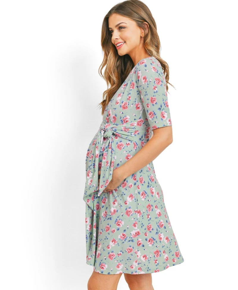 Hello Miz Materntiy Floral V-Neck Nursing Wrap Dress with Tie Waist