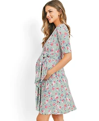 Hello Miz Materntiy Floral V-Neck Nursing Wrap Dress with Tie Waist