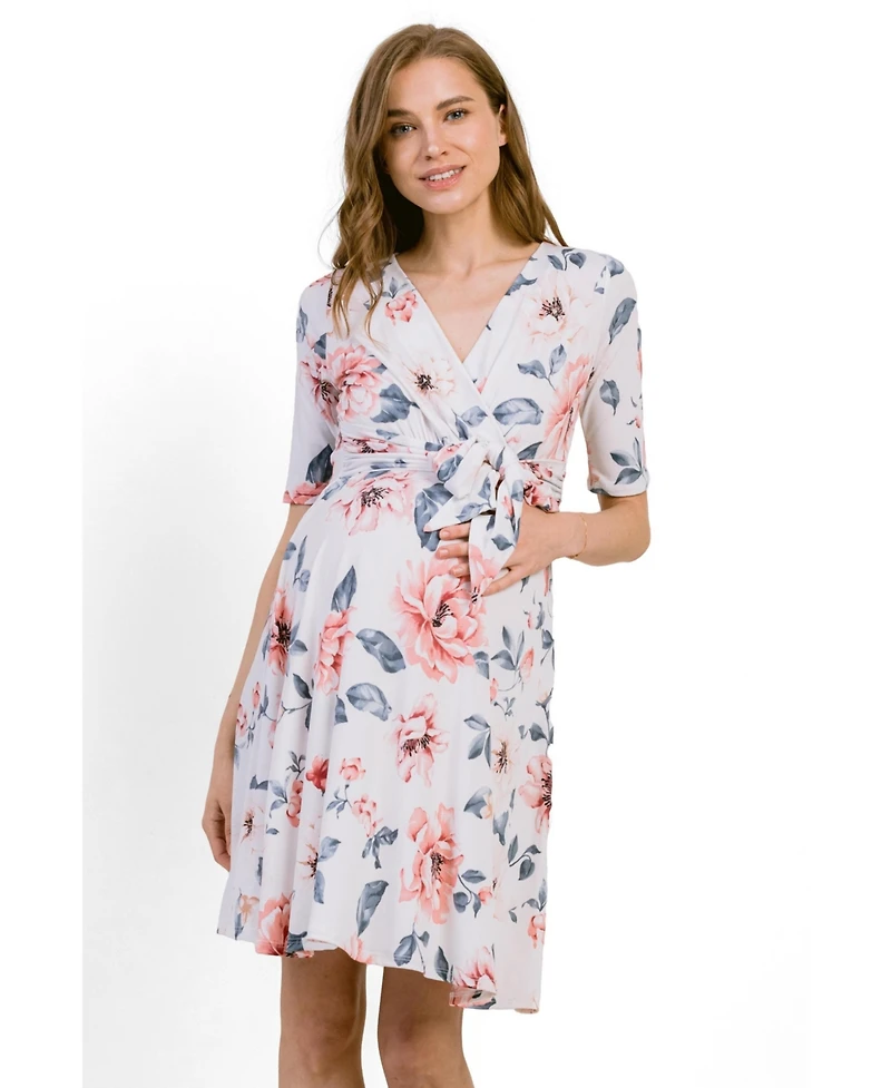 Hello Miz Maternity Floral Short Sleeve Nursing Wrap Dress with Tie Waist