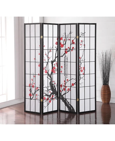 sumyeg 4-Panel Japanese Style Folding Screen Room Divider with Plum Blossom Design for Indoor Space Separation
