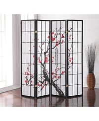 sumyeg 4-Panel Japanese Style Folding Screen Room Divider with Plum Blossom Design for Indoor Space Separation