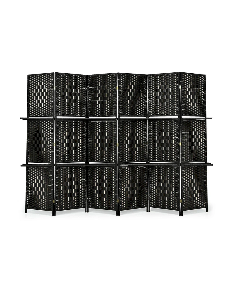 sumyeg 6-Panel Folding Fiber Room Divider with 2 Display Shelves for Indoor Use